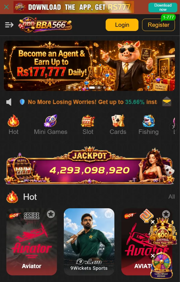 BBA566 game lobby showing slot and live dealer game tiles