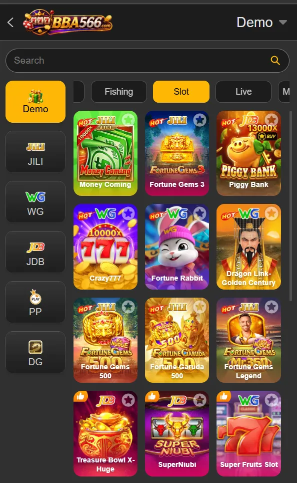 BBA566 home dashboard showing game categories and account balance